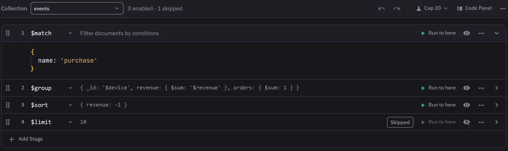 The aggregation builder as an outline of four stages, $match open, $group and $sort collapsed to one line each, and $limit skipped, each row with its own Run to here