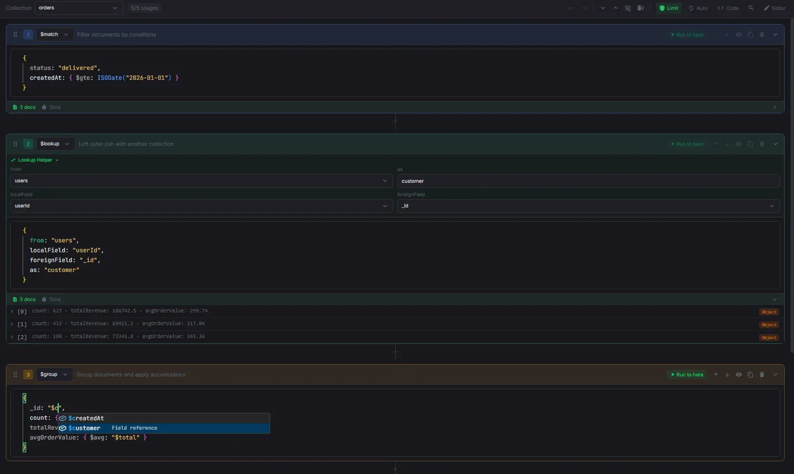 Monghoul aggregation builder with visual pipeline stages and per-stage output preview