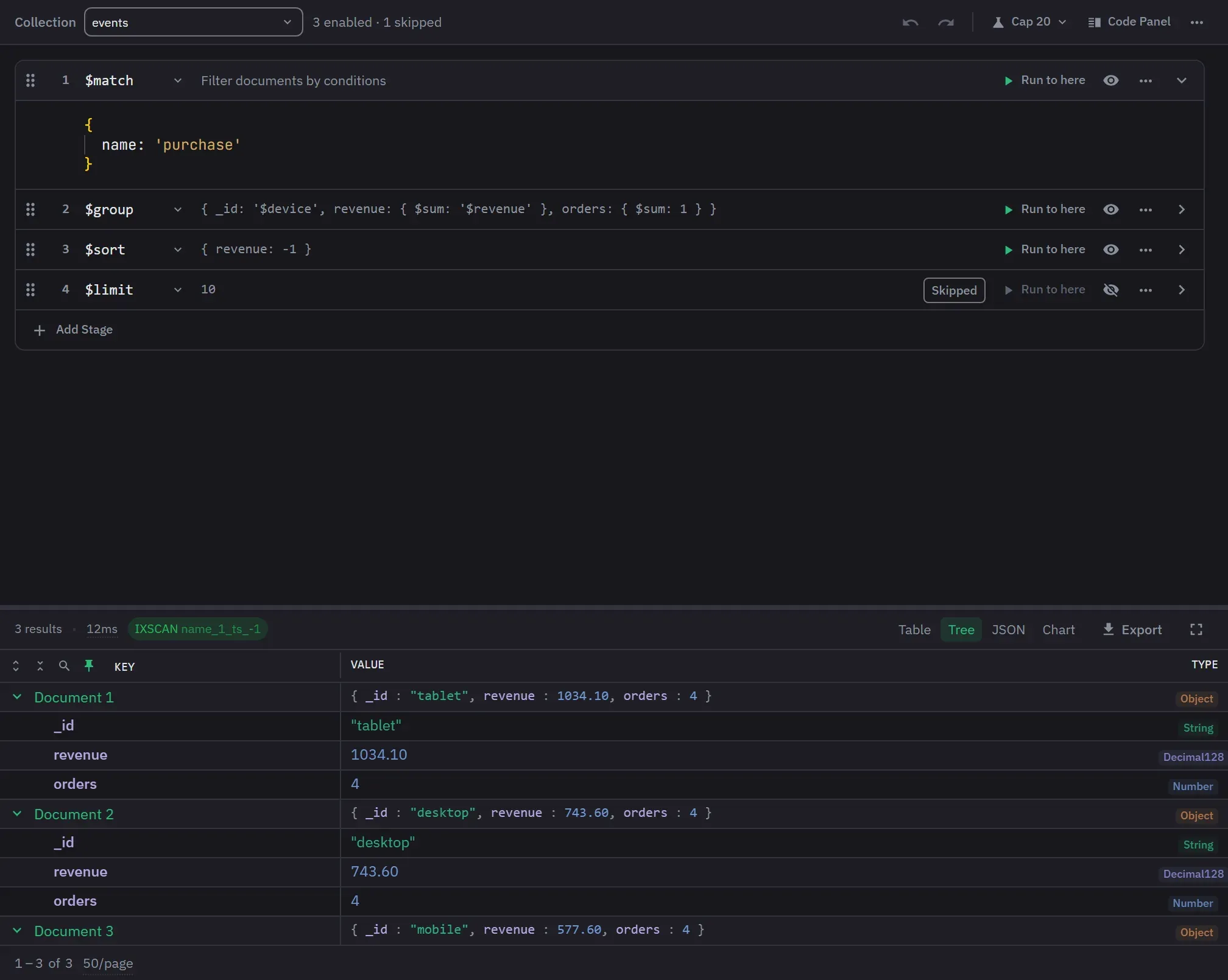Monghoul aggregation builder with visual pipeline stages and per-stage output preview