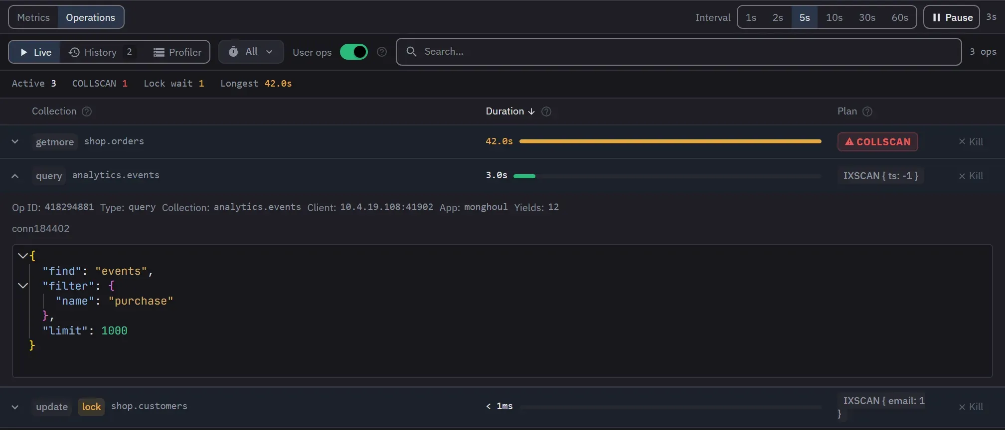 Running operations: a getmore on shop.orders at 42 seconds marked COLLSCAN, a 3-second query on analytics.events expanded to its command, and an update waiting on a lock, each with Kill