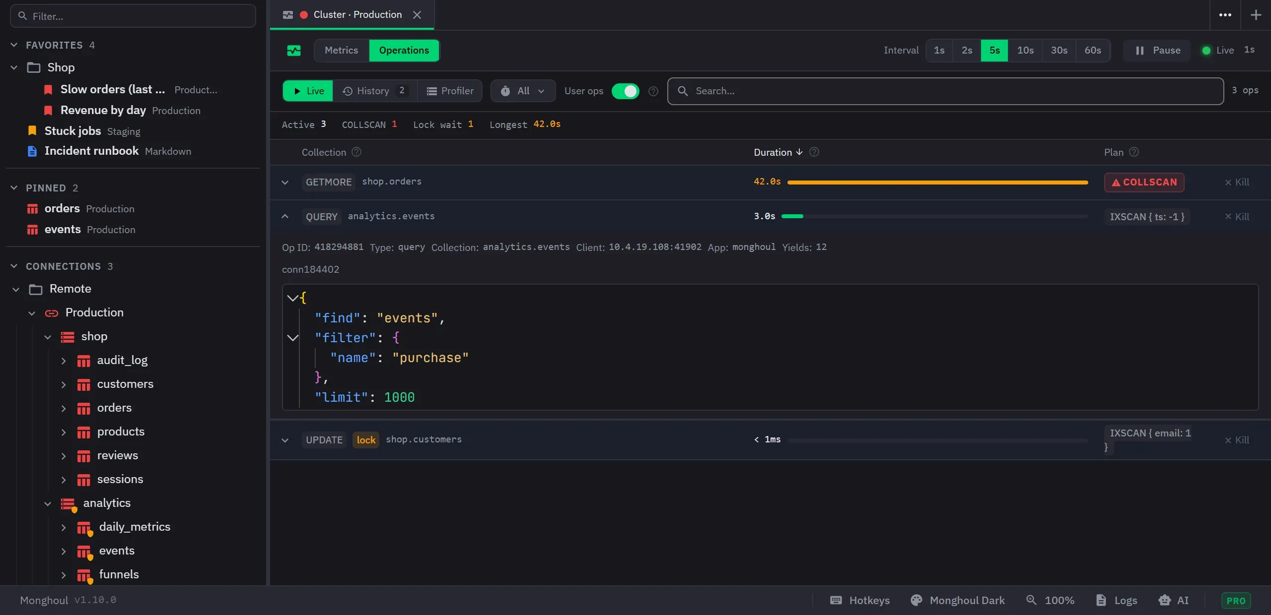 The cluster monitor Operations tab: three running operations with their durations and plans, one a 42 second collection scan, and one expanded to its command