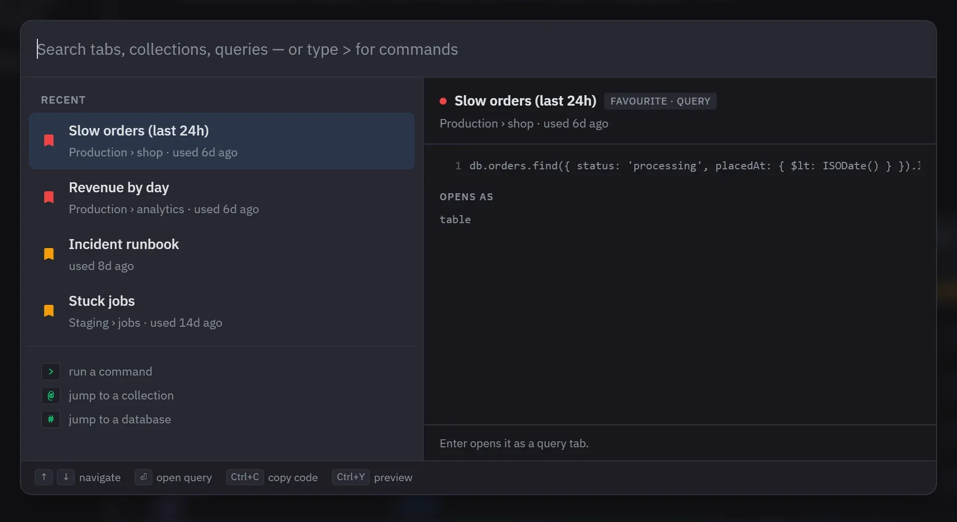 The command palette open on its recents: recently used favourites and tabs, with a preview of the selected one beside them and the prefix hints below