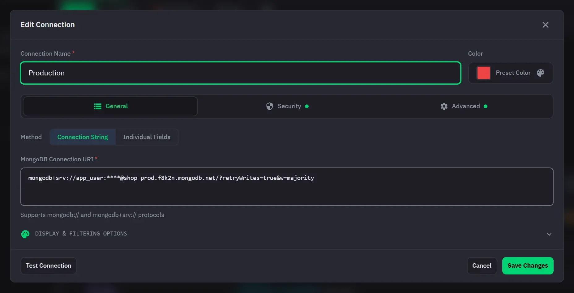 The connection dialog on its General tab, with a pasted connection string and the Security and Advanced tabs beside it