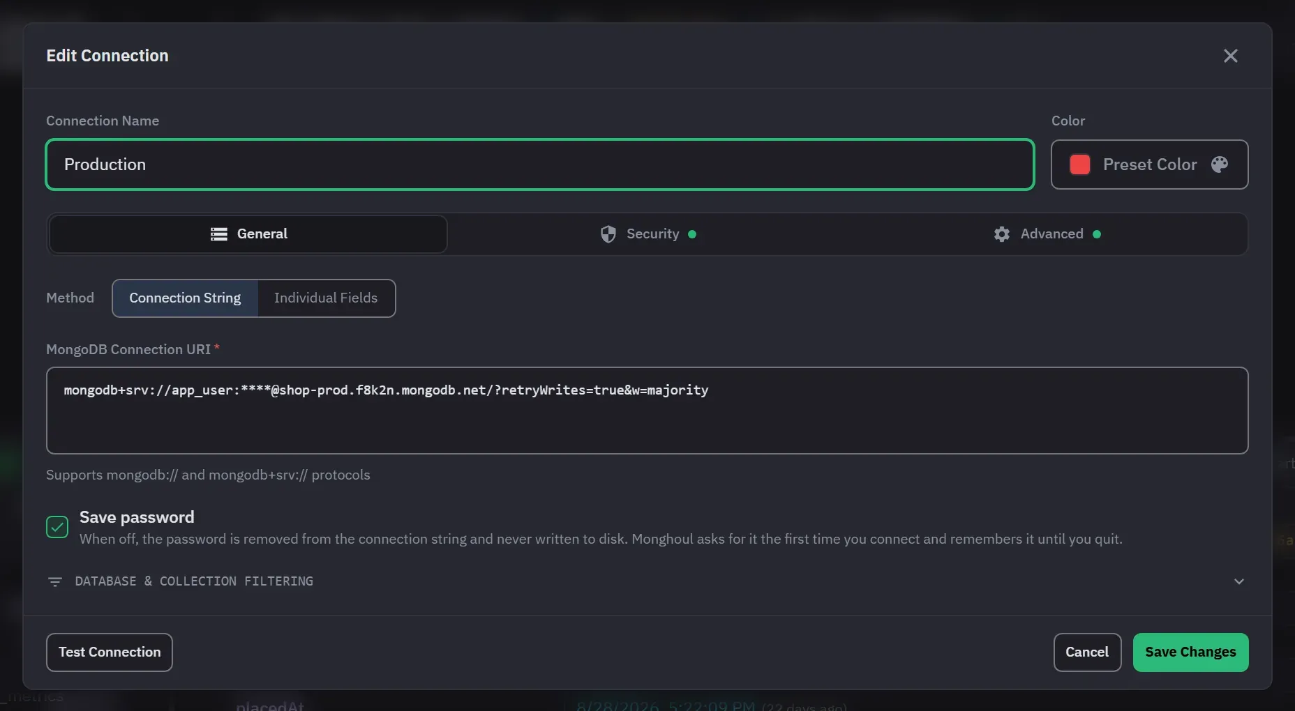The connection dialog on its General tab, with a pasted connection string and the Security and Advanced tabs beside it