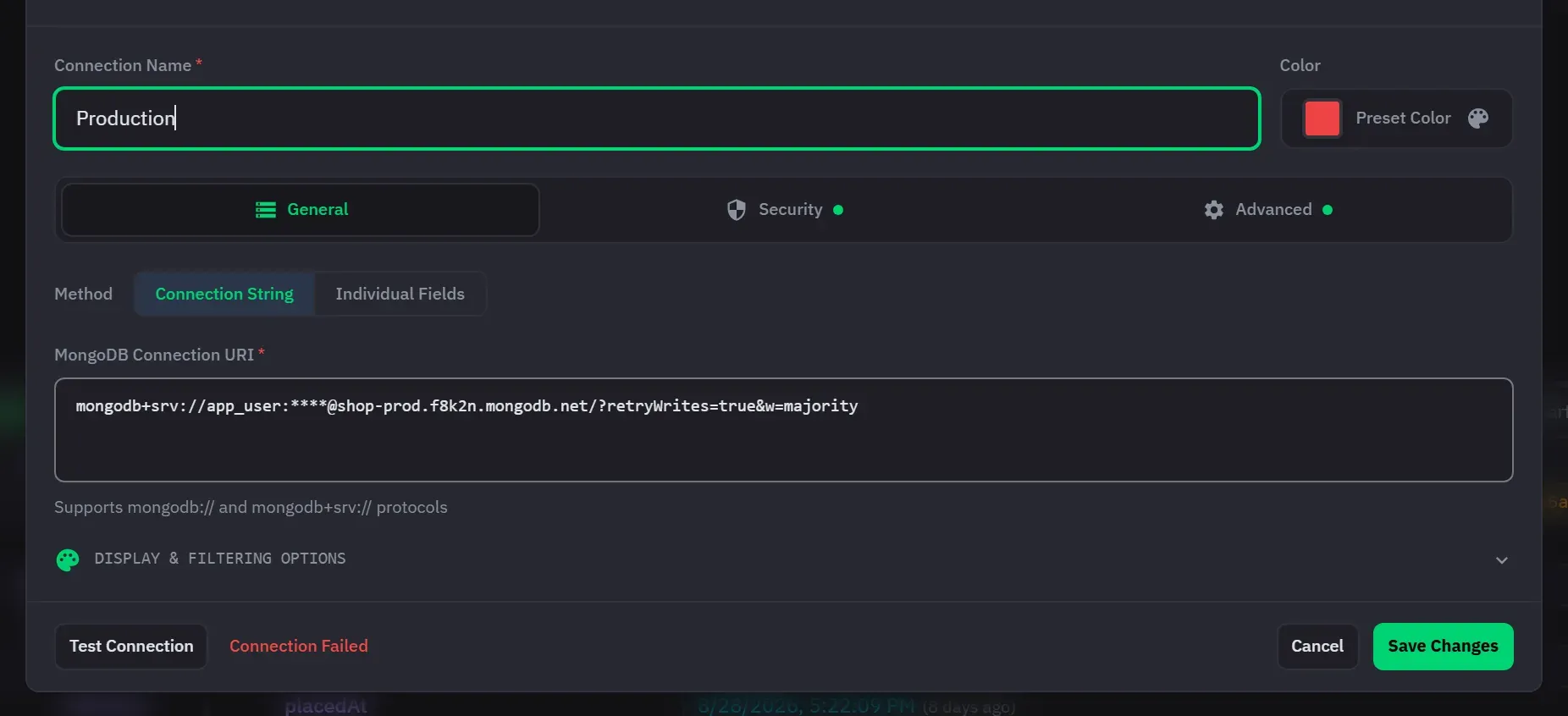 The connection dialog after a failed test, with Connection Failed in red beside the Test Connection button and the profile unsaved