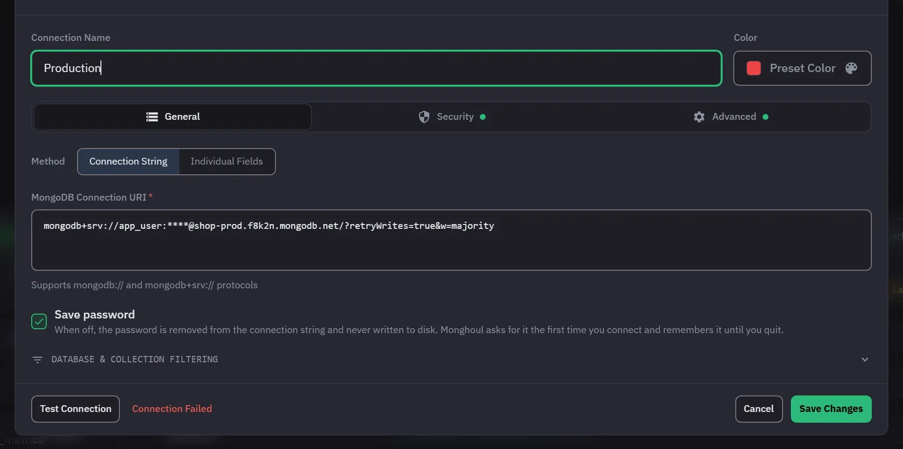 The connection dialog after a failed test, with Connection Failed in red beside the Test Connection button and the profile unsaved