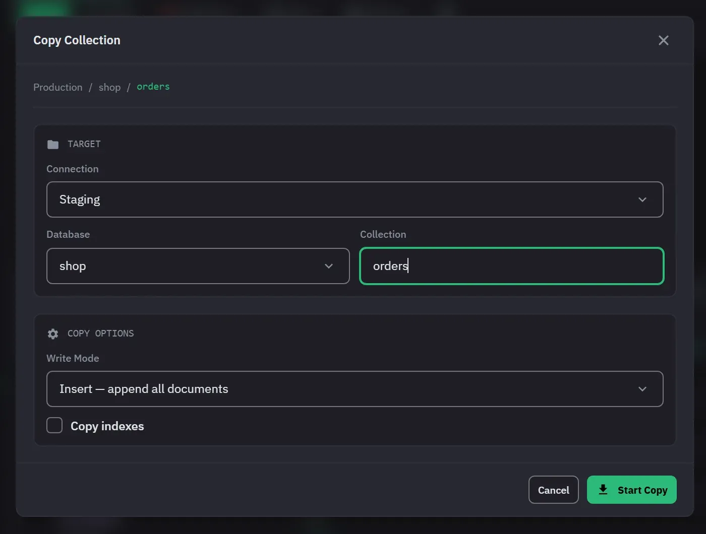 The Copy Collection dialog copying Production / shop / orders into Staging / shop / orders, with a write mode of insert and a copy-indexes option