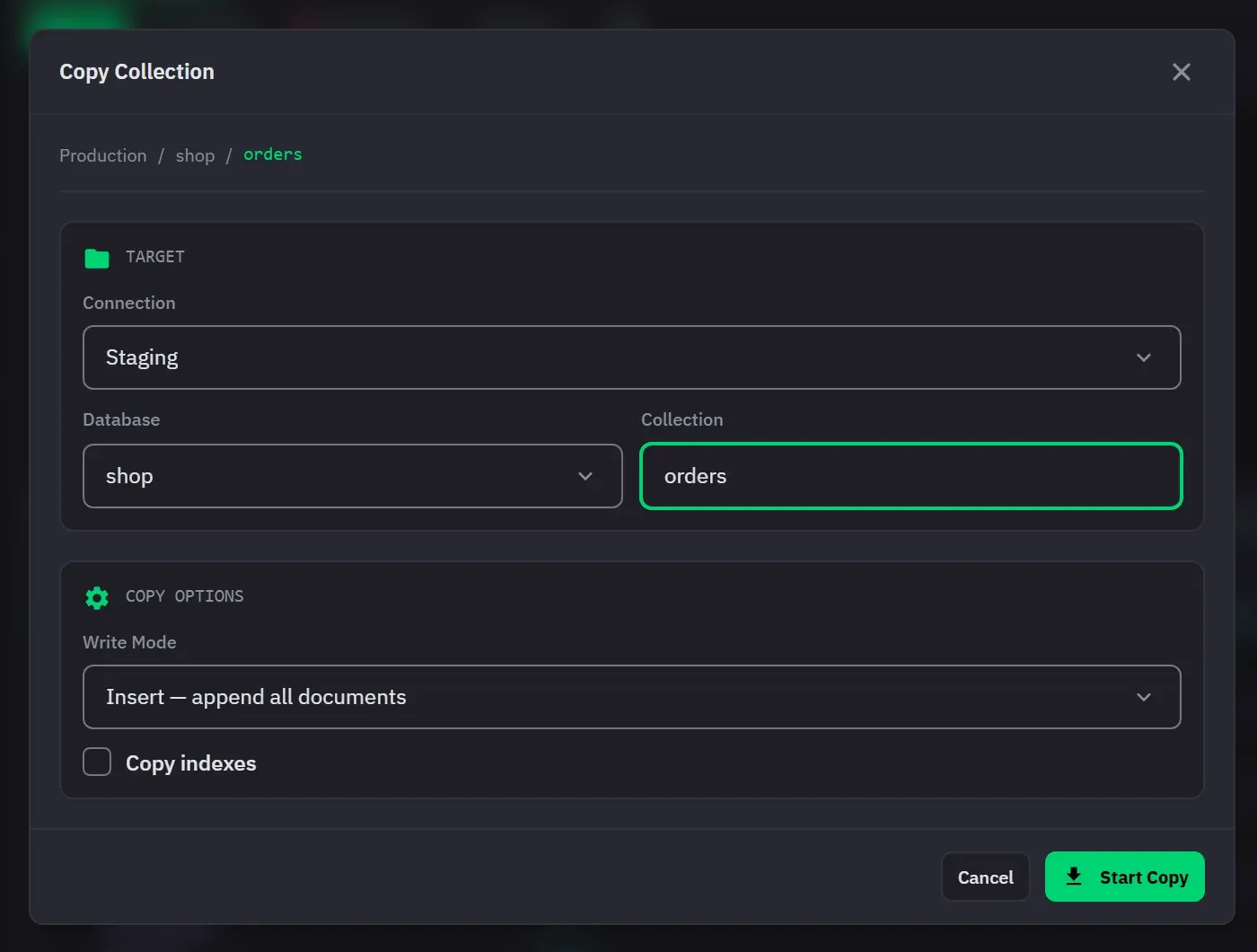 The Copy Collection dialog copying Production / shop / orders into Staging / shop / orders, with a write mode of insert and a copy-indexes option