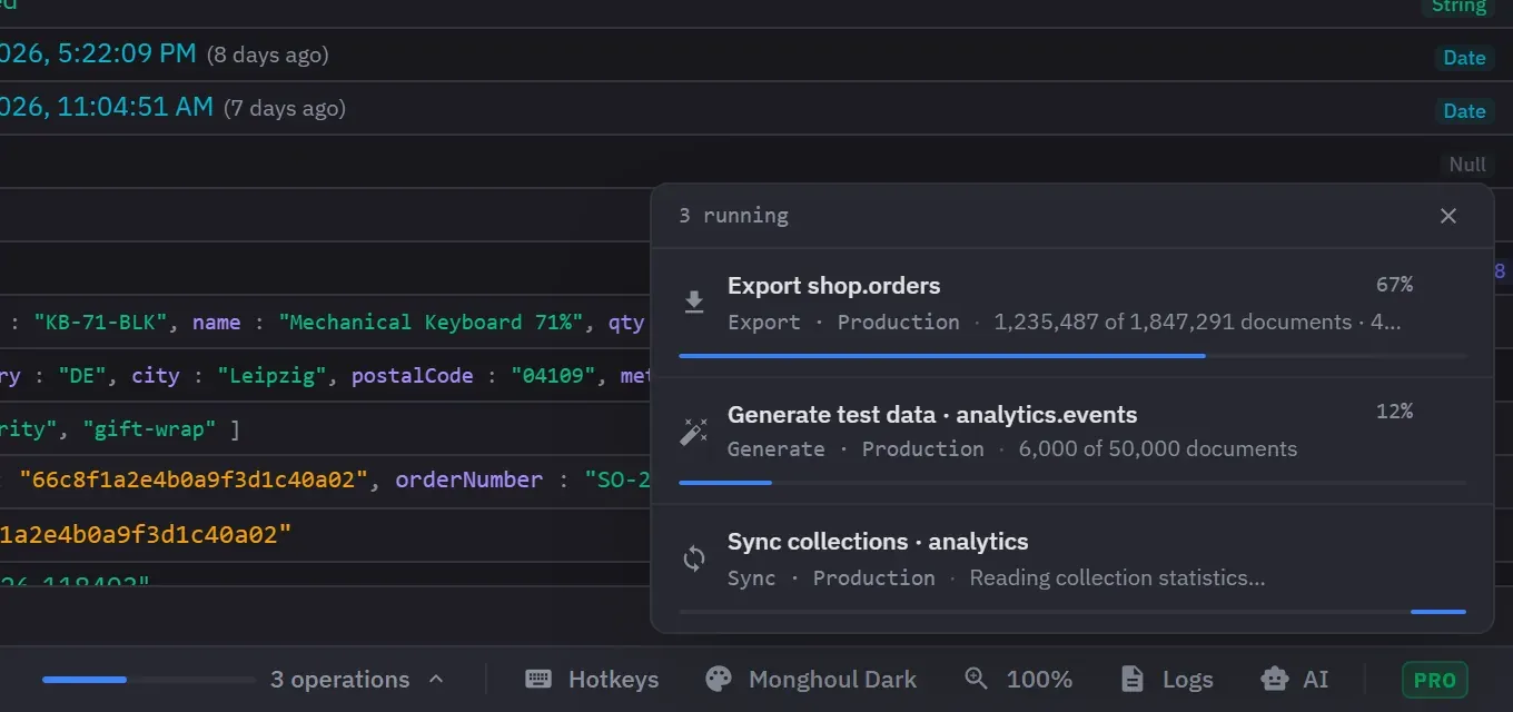 The footer panel listing three operations Monghoul is running: an export at 67 per cent with a progress bar, a data generation at 12 per cent, and an indeterminate collection sync