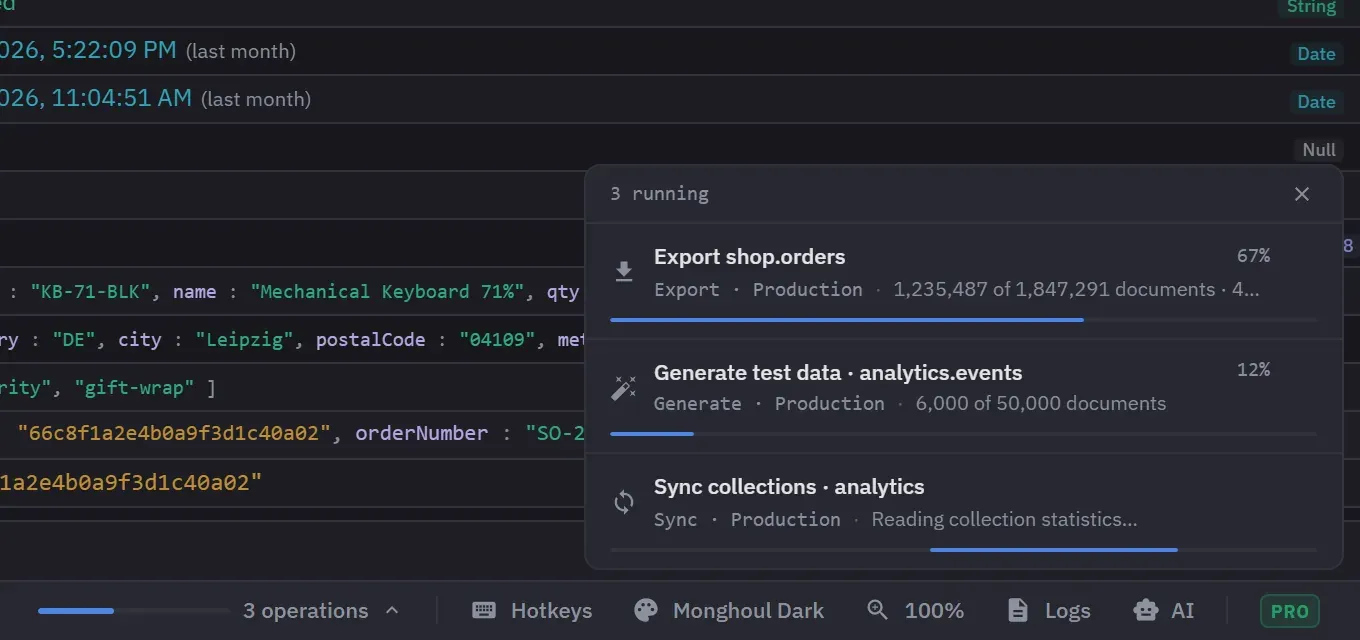 The footer panel listing three operations Monghoul is running: an export at 67 per cent with a progress bar, a data generation at 12 per cent, and an indeterminate collection sync