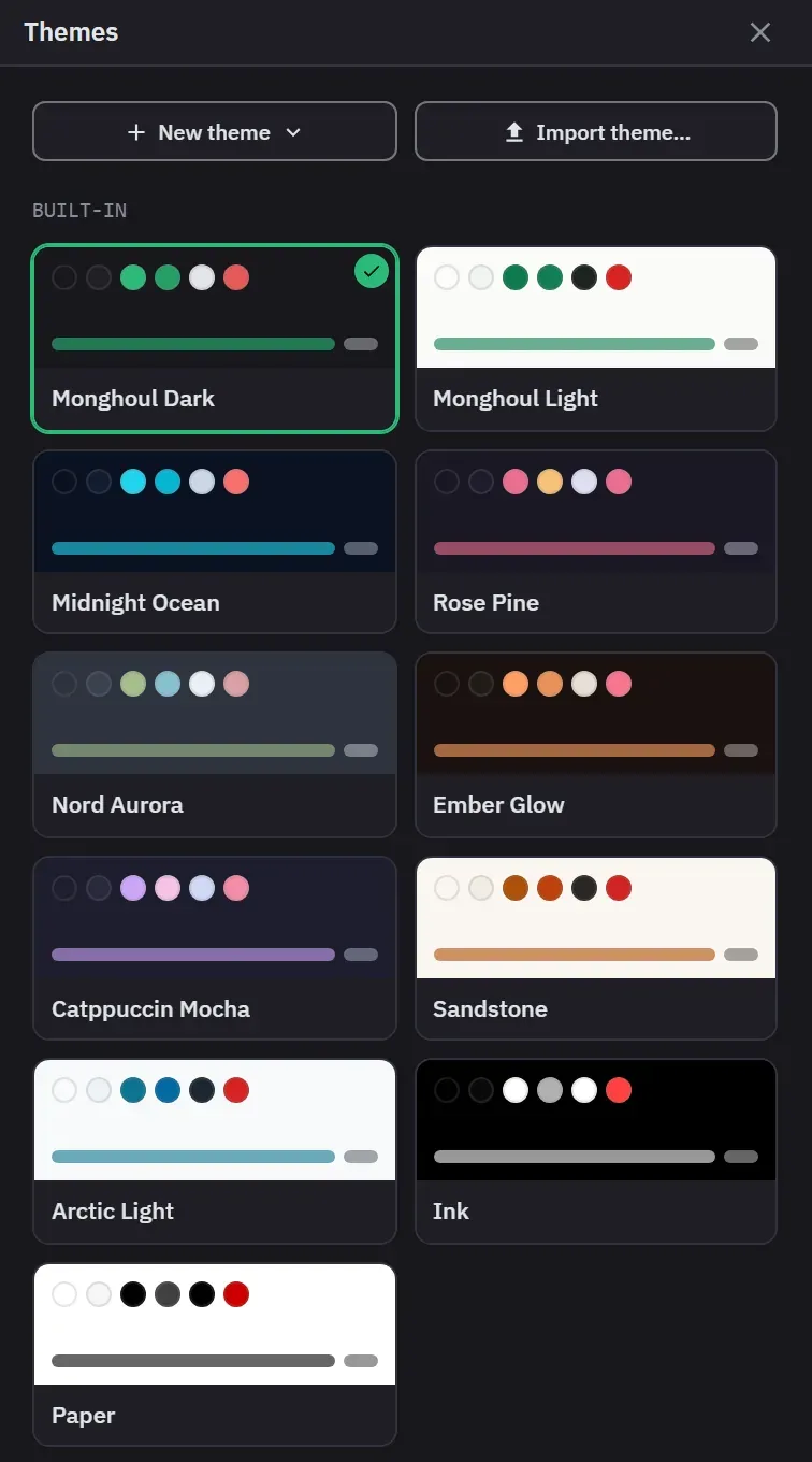 The theme library: New theme and Import theme above the 11 built-in themes, each a card of its colours, with Monghoul Dark marked as active