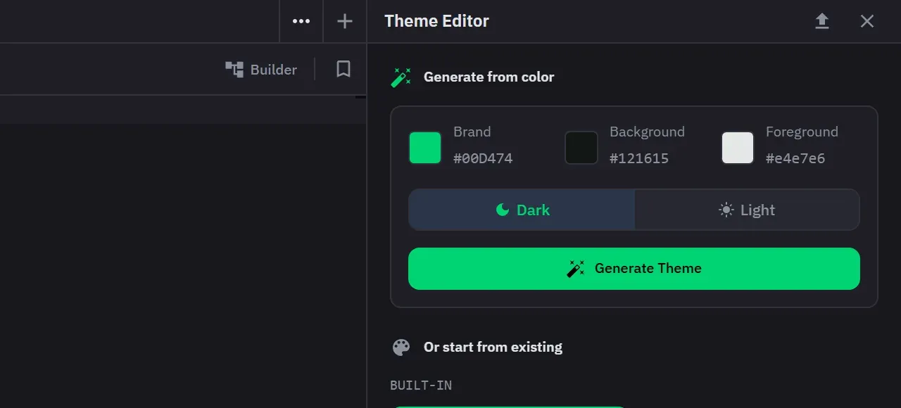 The theme editor asking for a brand, background and foreground colour, with a dark or light choice and a Generate Theme button