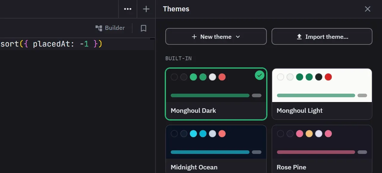 The theme editor library: New theme and Import theme buttons above the built-in themes, with Monghoul Dark marked as the active theme