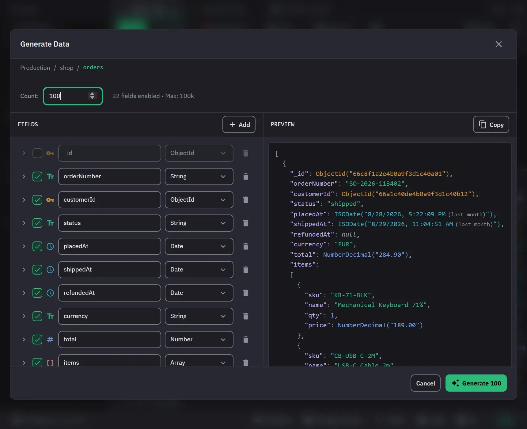 The data generation dialog mapping fields to Faker categories, with a preview