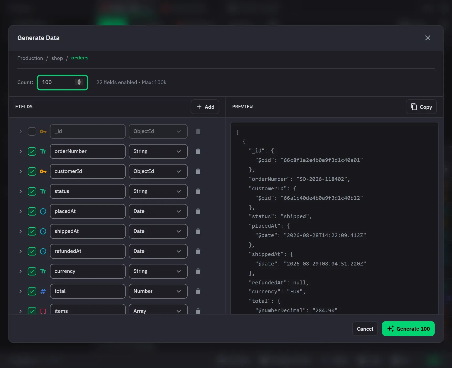 The data generation dialog mapping fields to Faker categories, with a preview