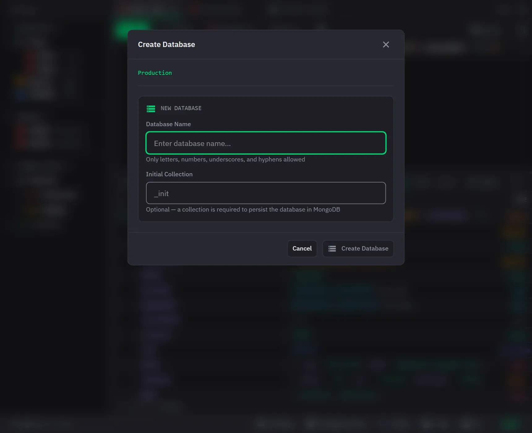 The create database dialog asking for a database name and the name of its first collection