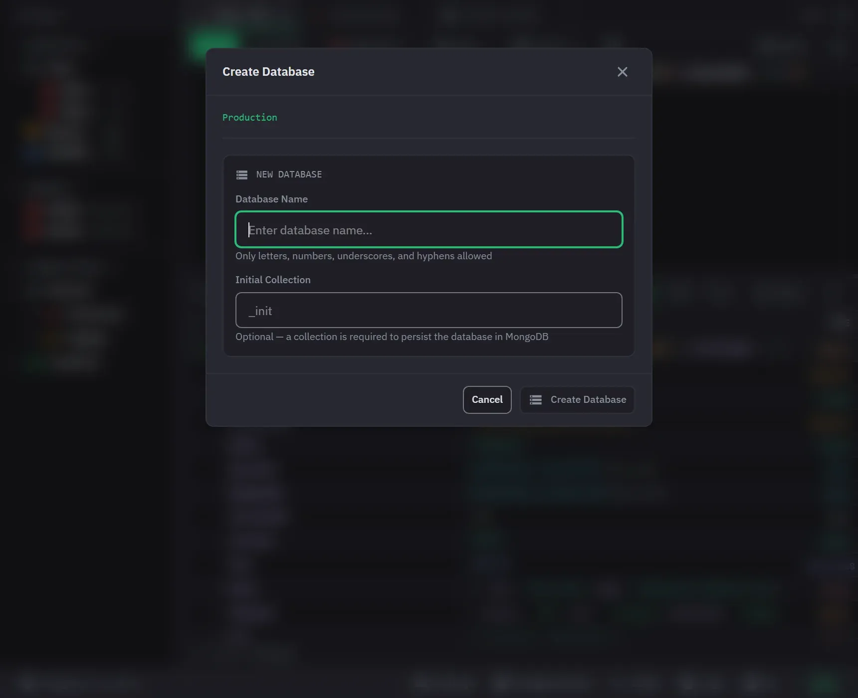 The create database dialog asking for a database name and the name of its first collection