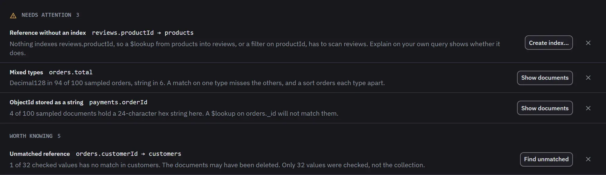 Findings from a scan: a reference with no index, a field with mixed types, ObjectIds stored as strings, and a reference with one unmatched value, each with its action