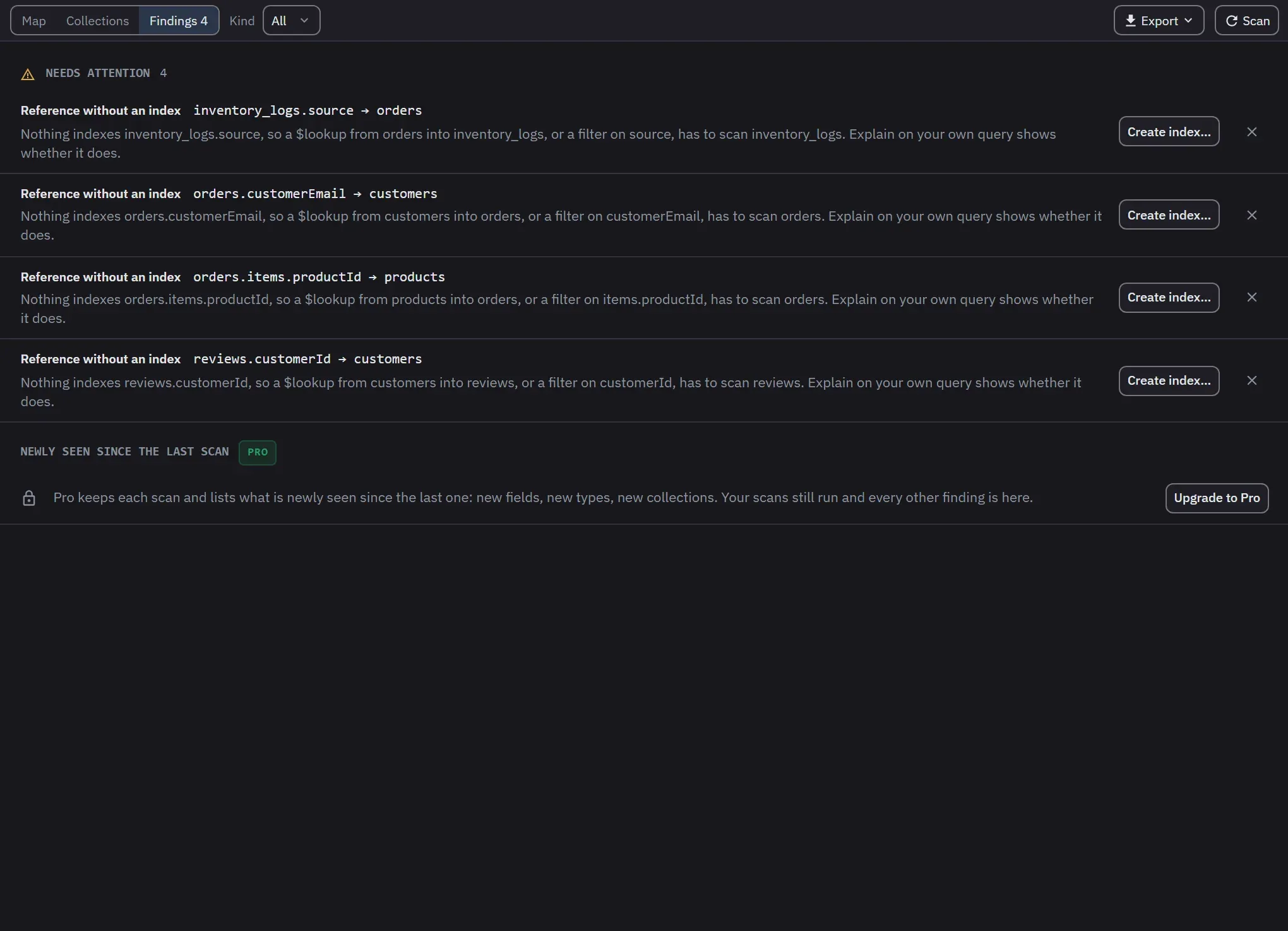 The Findings view: references with no index on their field, each saying which scan it makes a $lookup do and offering Create index