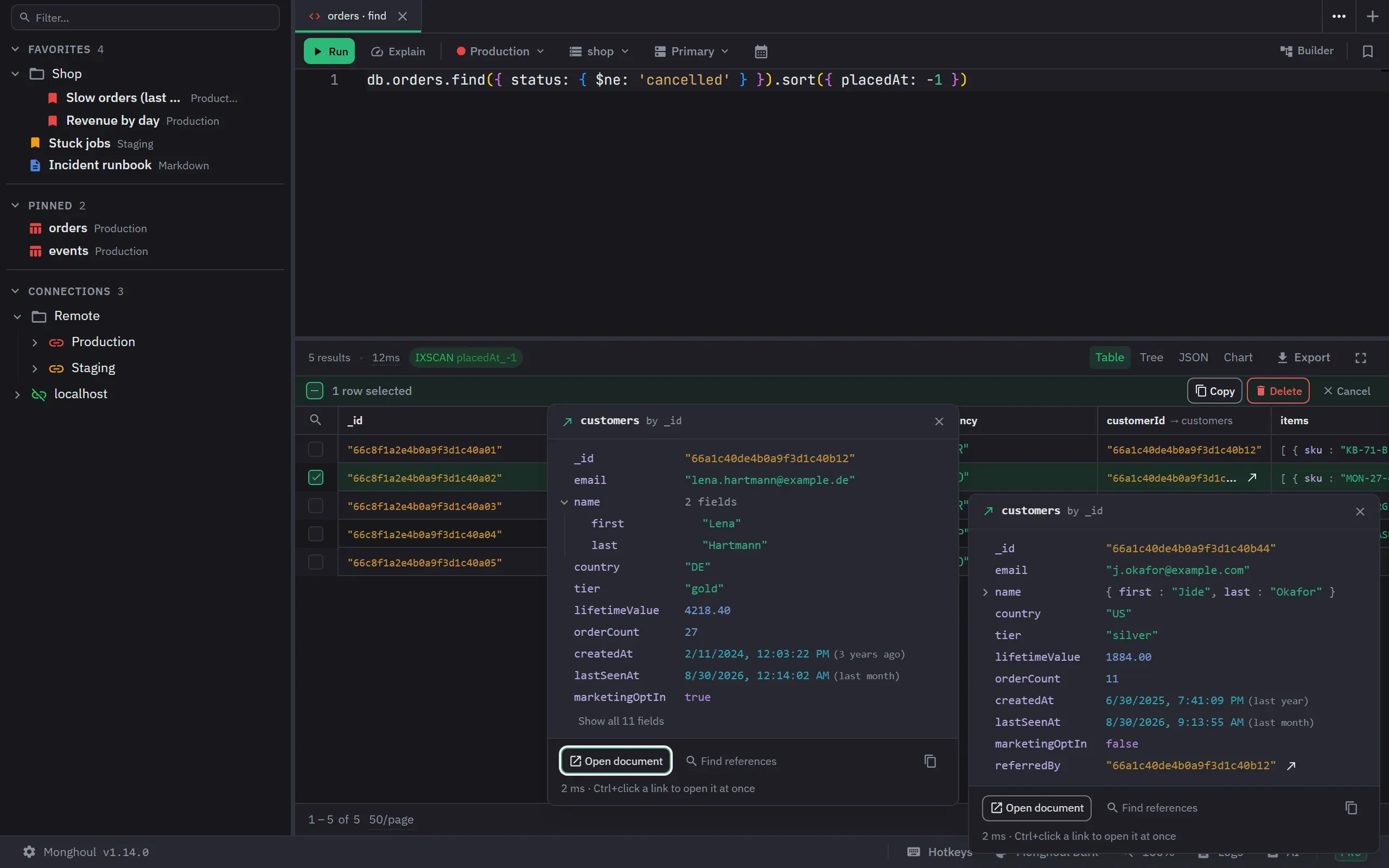 An orders table whose customerId column names customers in its header. Beside the selected cell, a peek shows the referenced customer as a tree, and its referredBy link has opened a second peek with the customer who referred them, its name field open