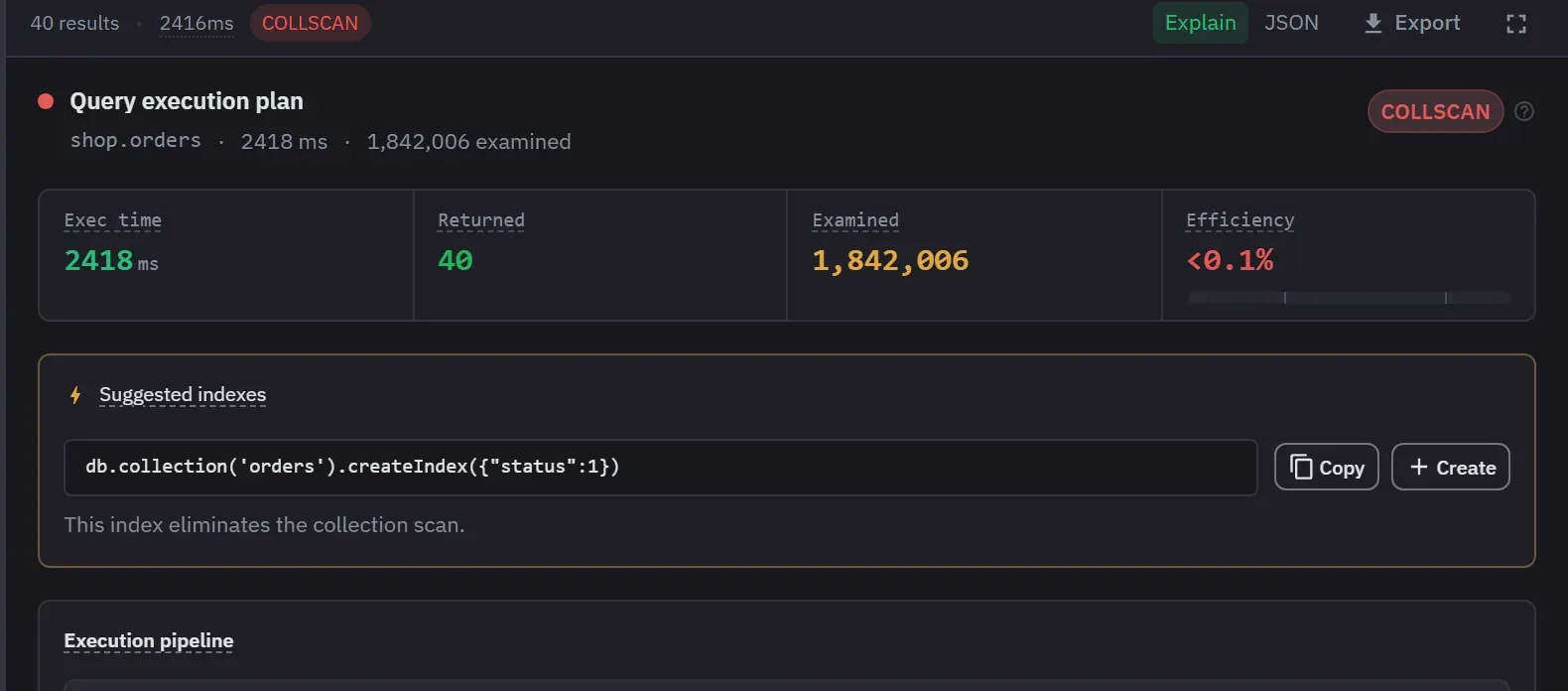 The explain view grading a query that runs a collection scan, with an index suggestion