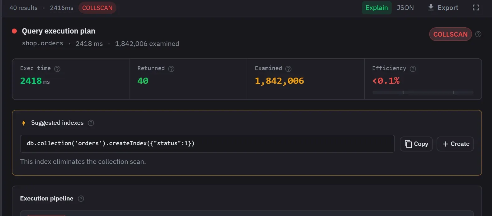 The explain view grading a query that runs a collection scan, with an index suggestion