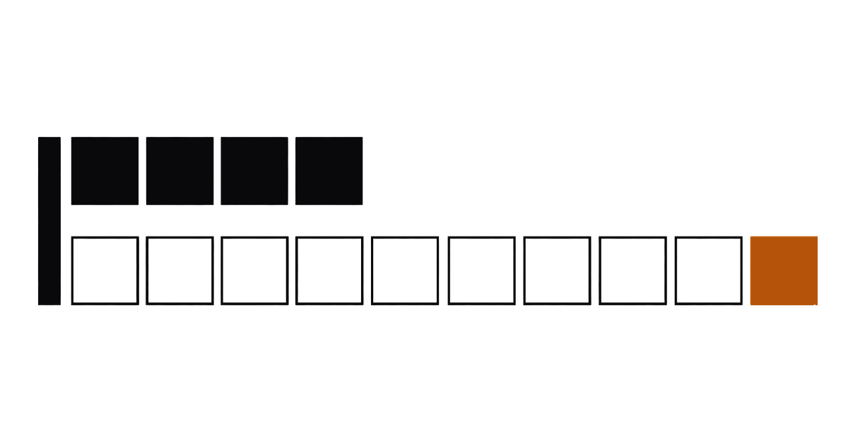 A bold black vertical bar with two rows of large squares running right from it. The upper row is four solid black squares. The lower row is ten squares, nine outlined and the last one amber.