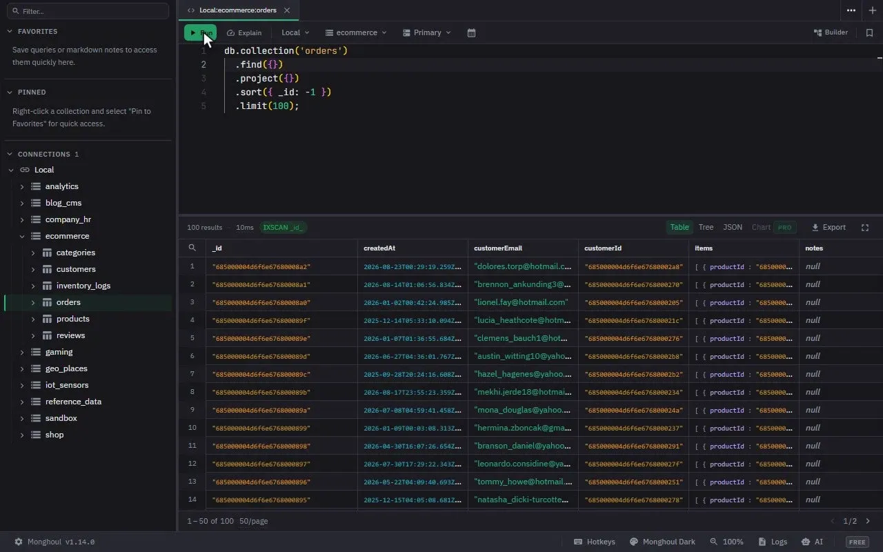 A fresh install with an empty sidebar: a connection is added and named, a MongoDB URI typed in, the connection tested before it is saved, and then the tree fills with the databases on the server; a collection is opened and its query run, returning a hundred documents in a few milliseconds