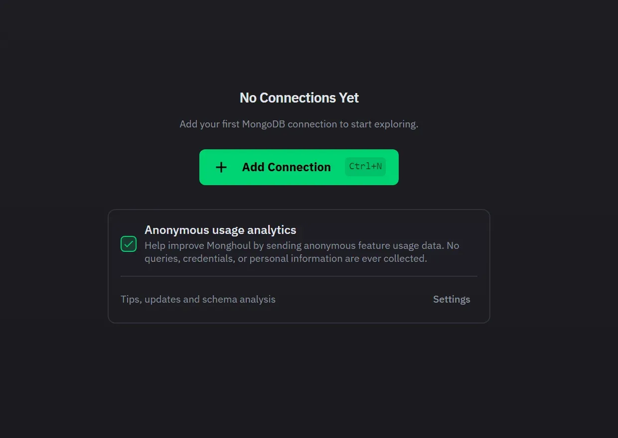 The app on first launch, before any connection has been added