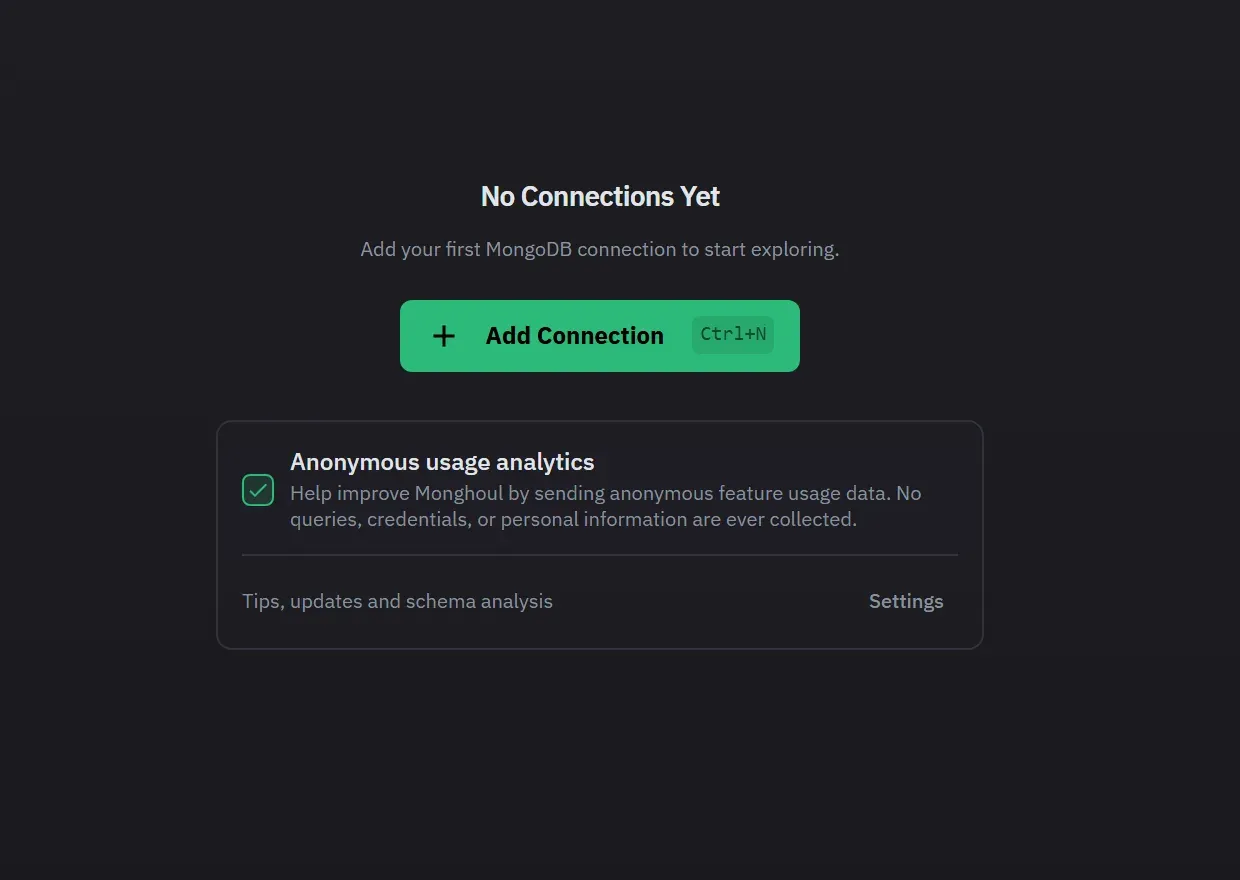 The app on first launch, before any connection has been added