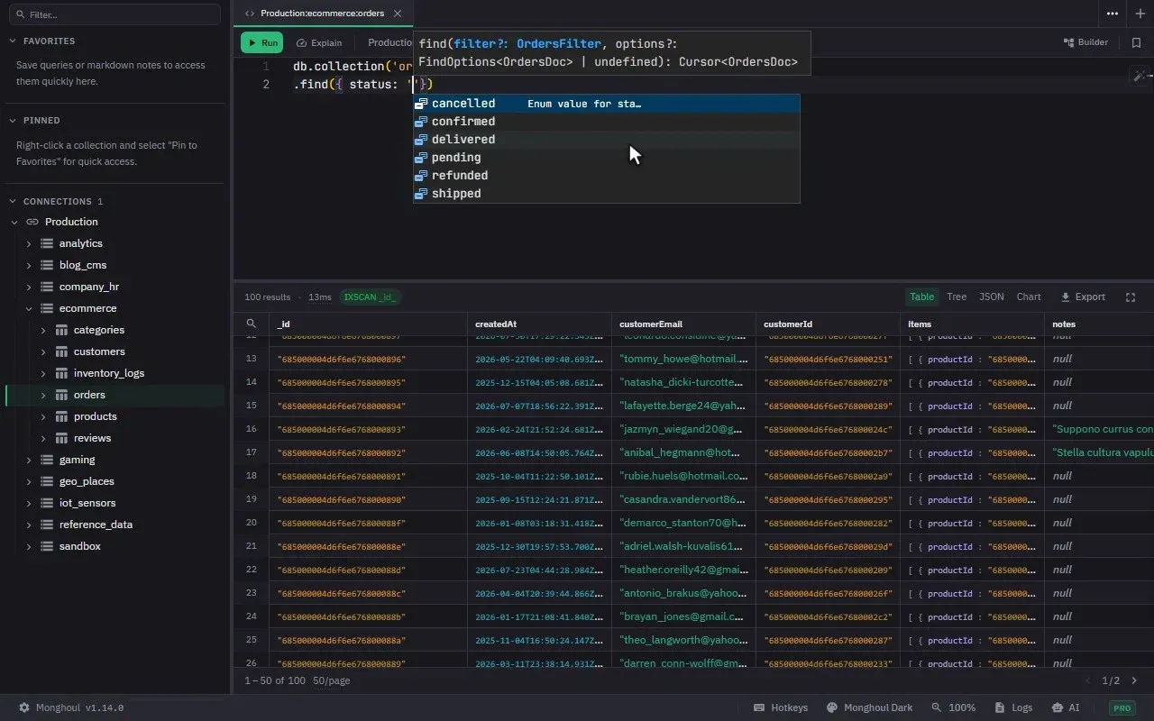 A collection is opened into a populated table; a find query is typed, and the editor offers first the nested field paths and then the status values the collection actually holds; one keystroke formats the query; a wrong order total is corrected in the cell and saved