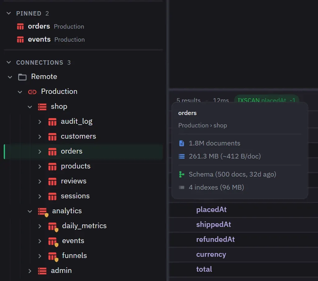 A hover card over a collection in the tree, showing document count, data size, schema state and index count