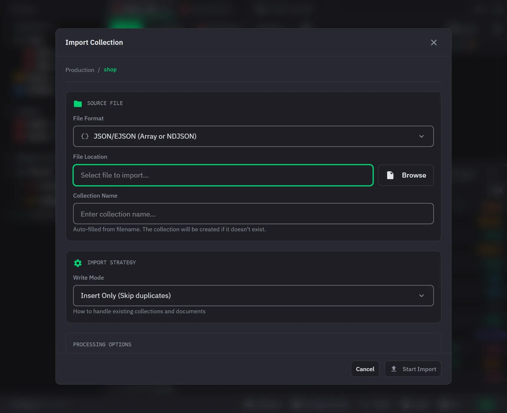 The import dialog with a file chosen, its format detected, and the write strategy options