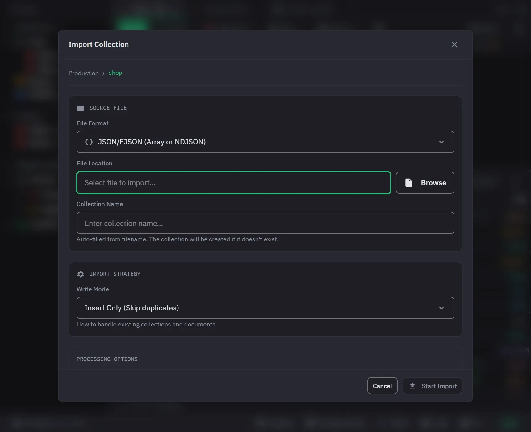 The import dialog with a file chosen, its format detected, and the write strategy options