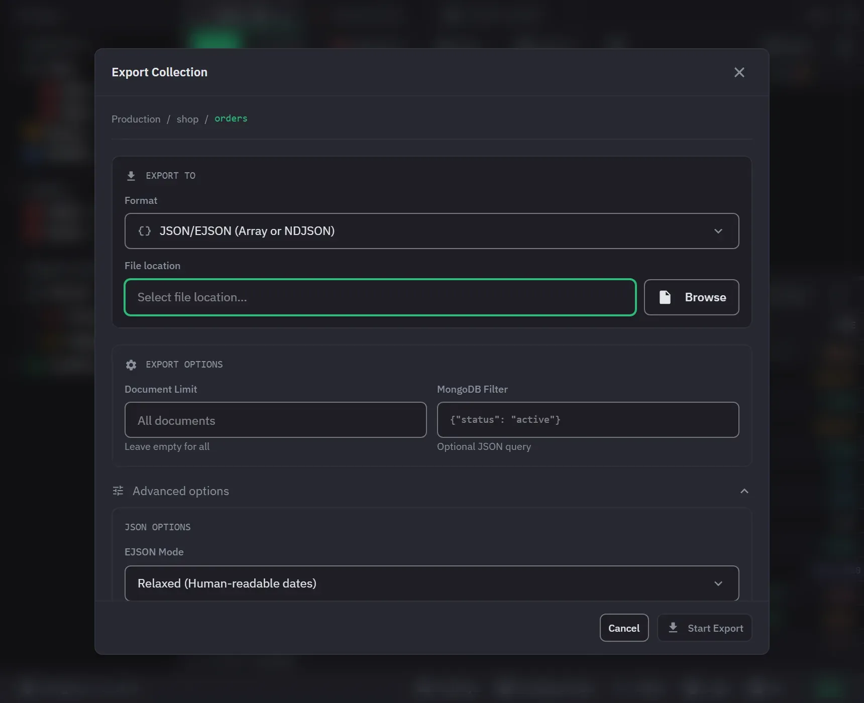 The export dialog with a format choice, a document limit, and a MongoDB filter, with the format options expanded
