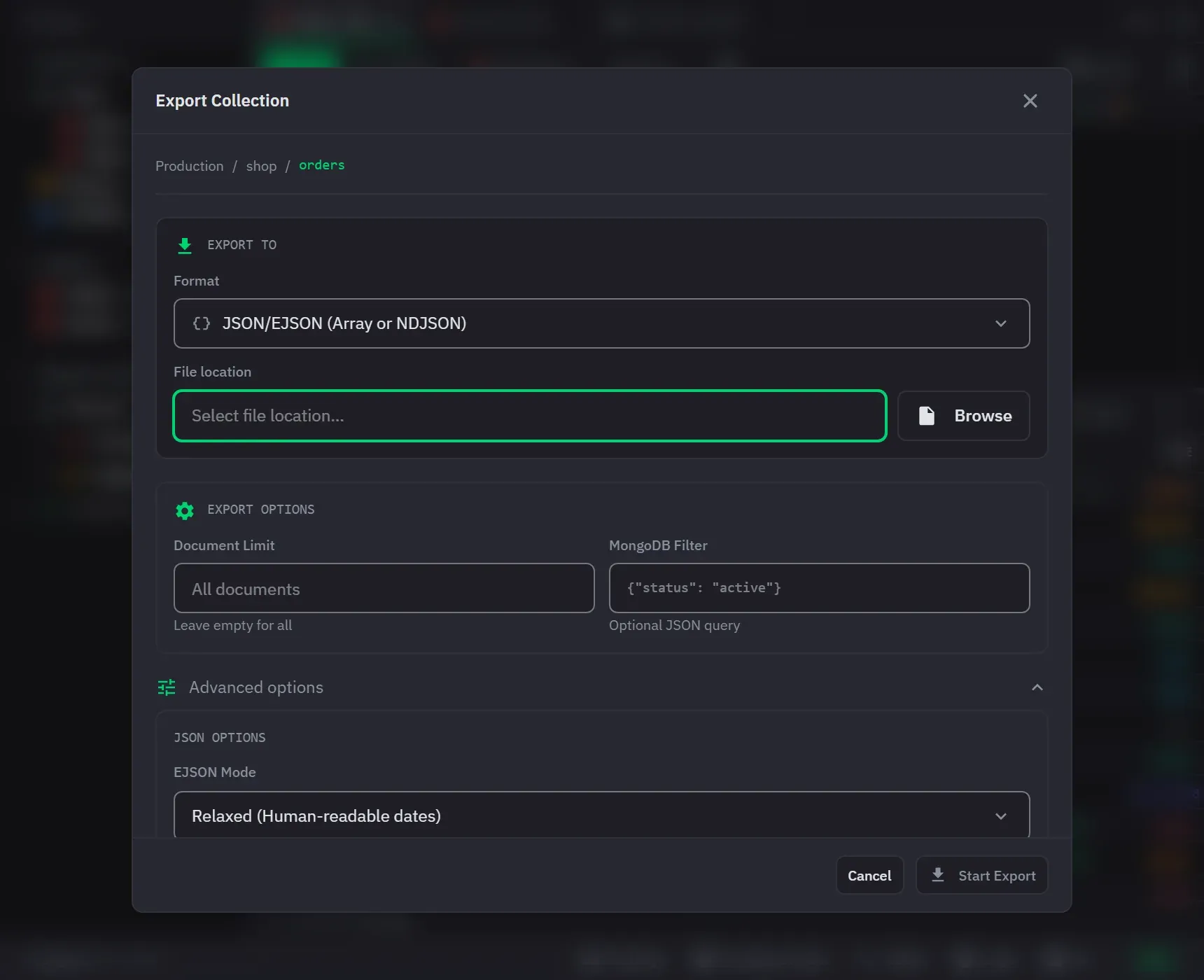 The export dialog with a format choice, a document limit, and a MongoDB filter, with the format options expanded