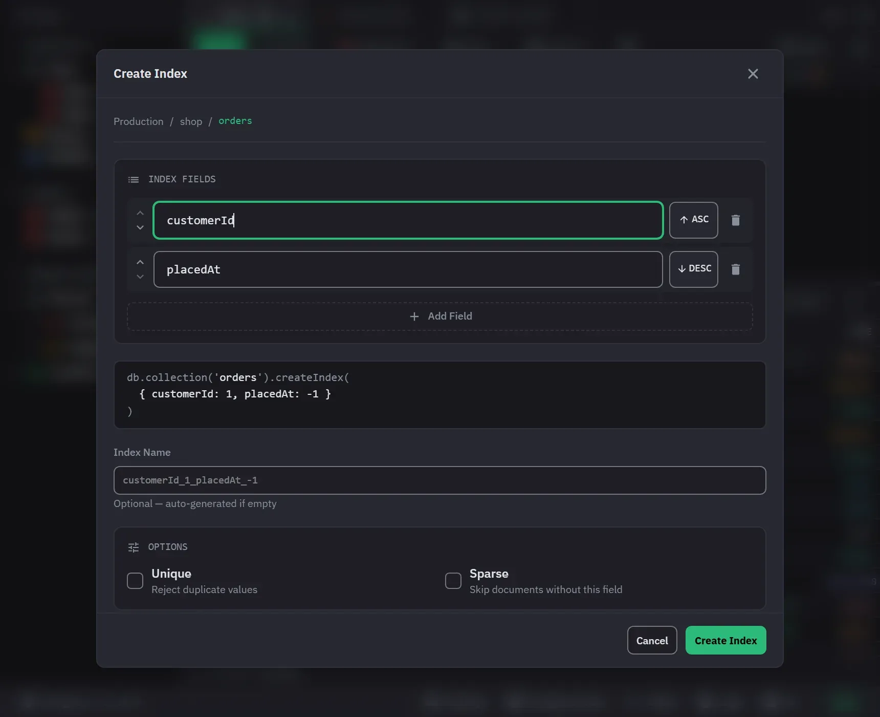 The create index dialog with two key fields, the createIndex command it will run, the name it will get, and the unique and sparse options