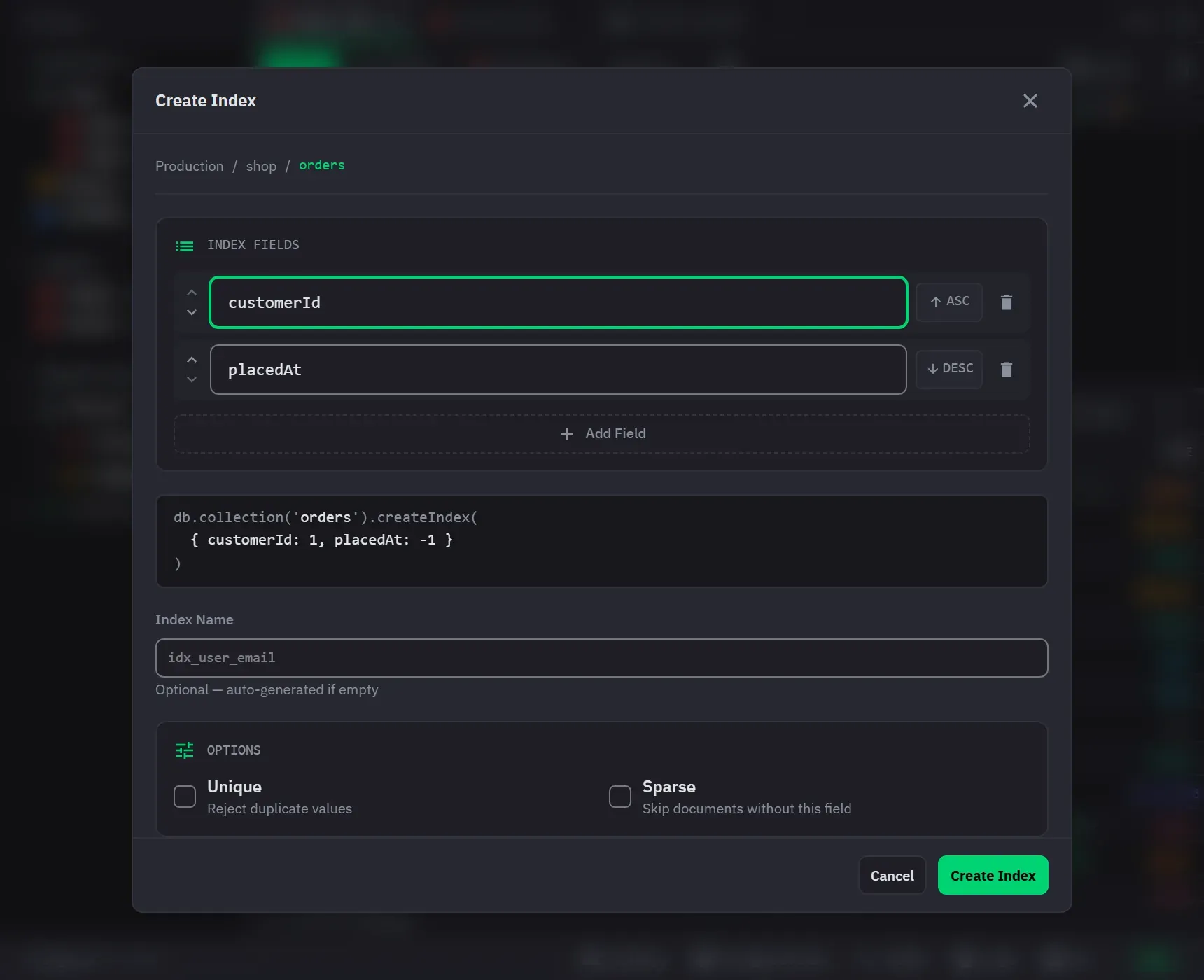 The create index dialog with key fields, options, and a partial filter expression