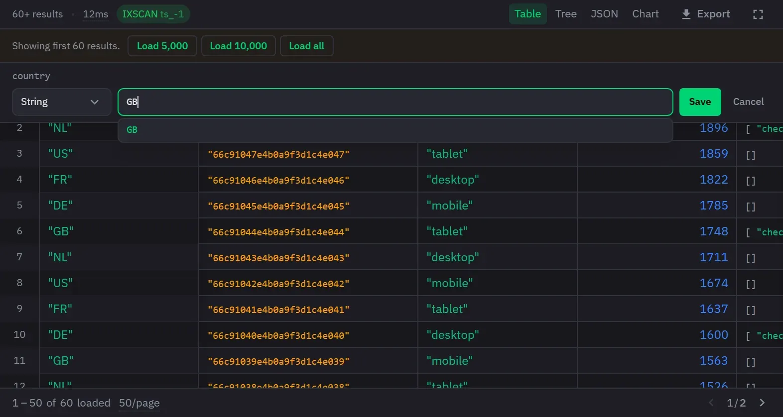 A table cell open in the inline editor, with a String type selector beside the value and the schema enum offered below it