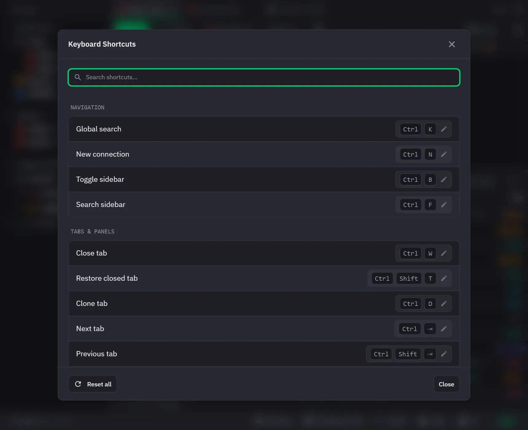 The keyboard shortcut reference, grouped by area