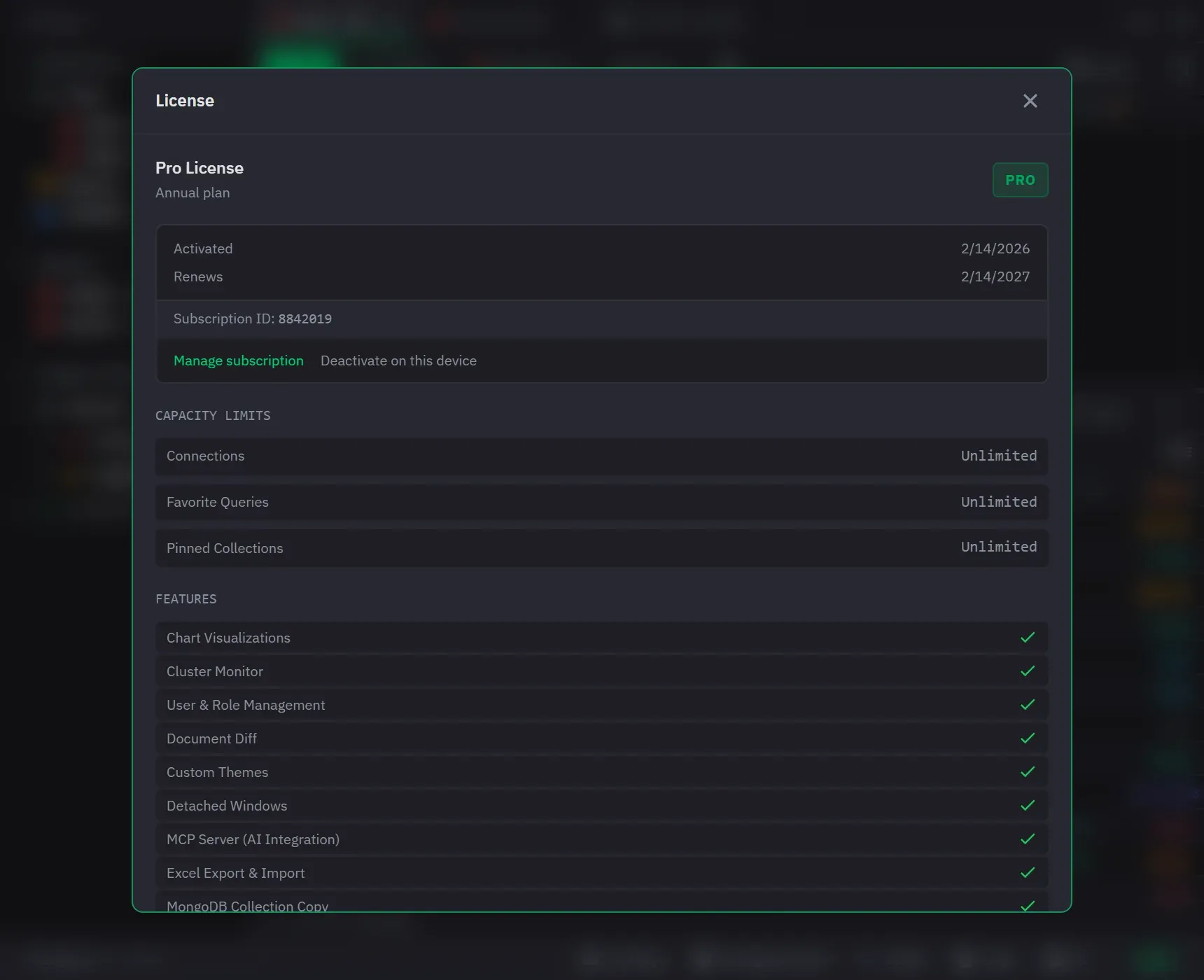 The licence dialog showing the activated devices and the option to deactivate one