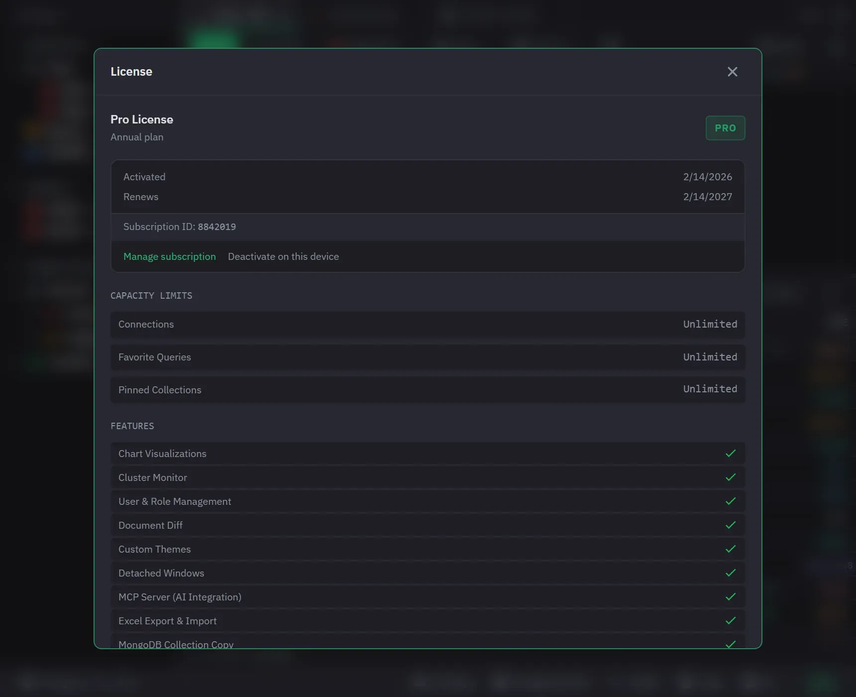The licence dialog showing the activated devices and the option to deactivate one