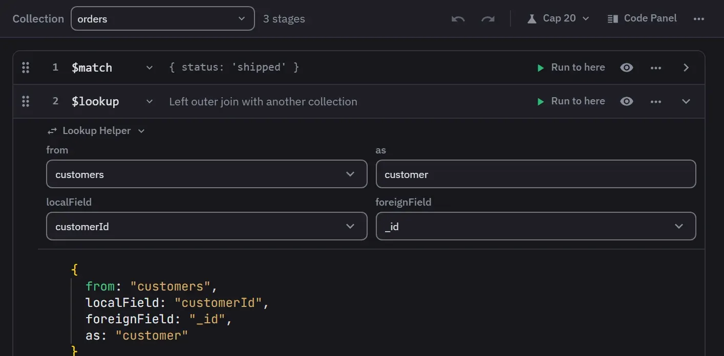 The aggregation builder on a $lookup stage, with the Lookup Helper form filled in: from customers, localField customerId, foreignField _id, as customer