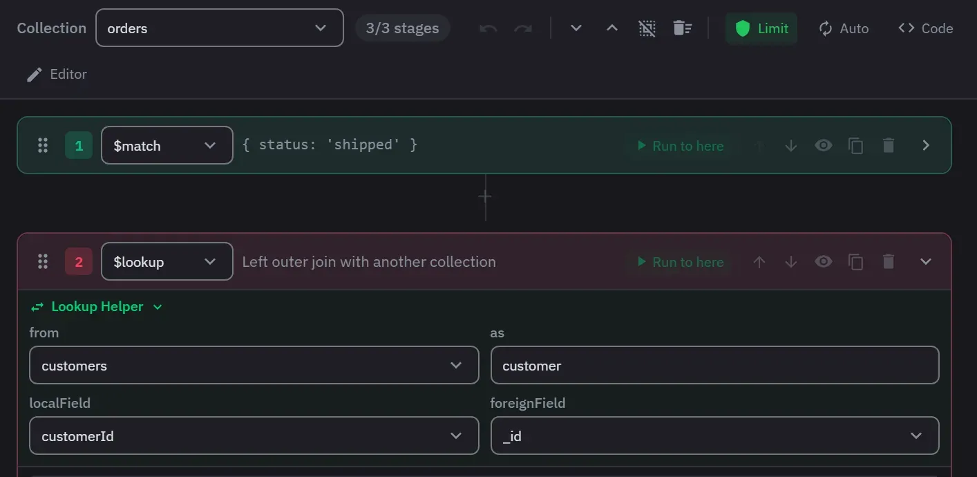 The aggregation builder on a $lookup stage, with the Lookup Helper form filled in: from customers, localField customerId, foreignField _id, as customer