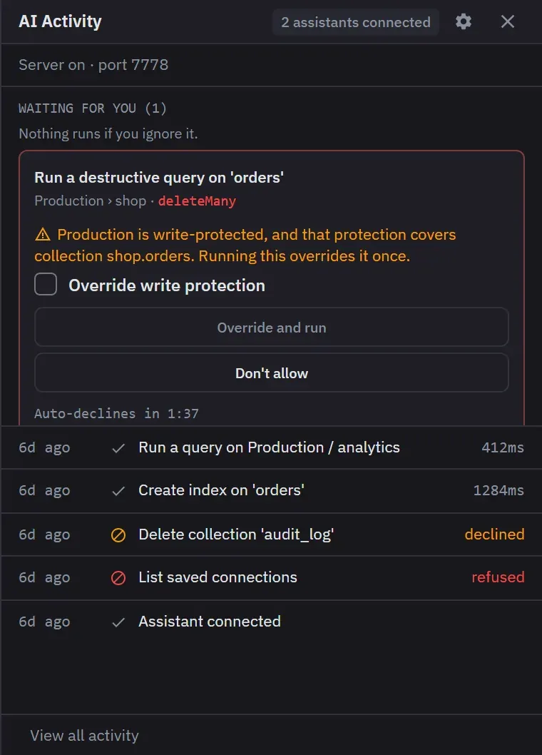 The approval queue holding a destructive query an assistant asked to run, with the write-protection warning, an override tick, and Override and run beside Do not allow
