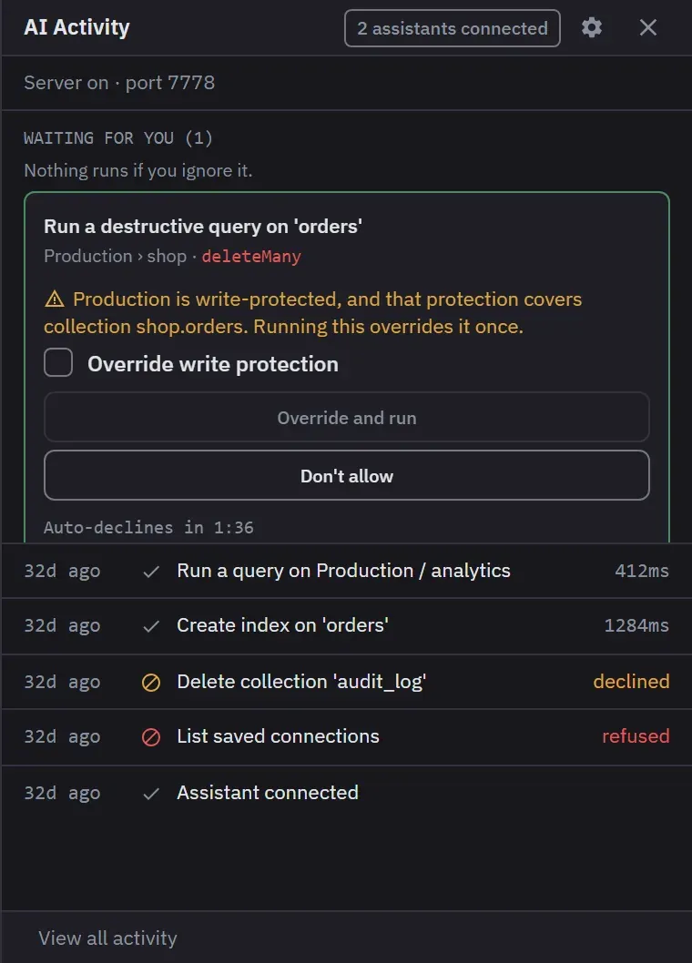 The approval queue holding a destructive query an assistant asked to run, with the write-protection warning, an override tick, and Override and run beside Do not allow