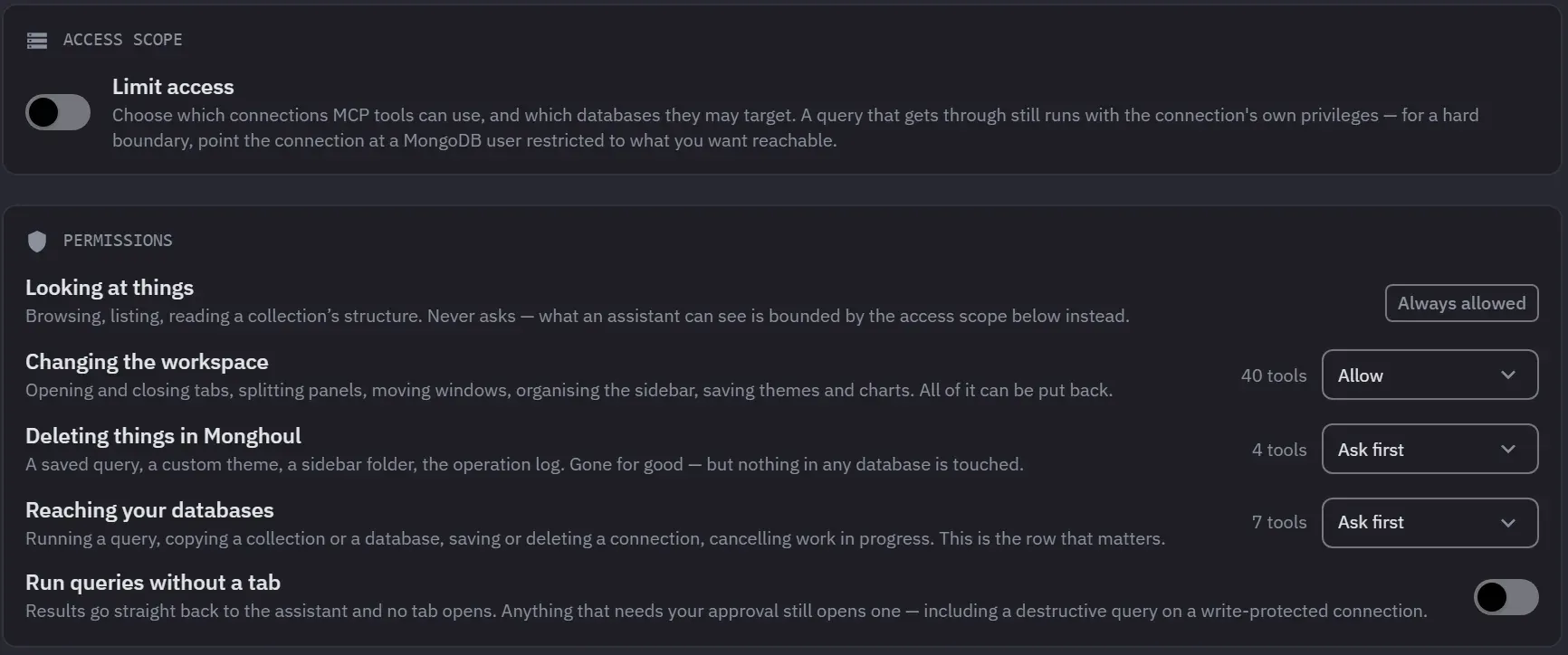 The access scope switch and the permissions by kind of action: looking at things always allowed, changing the workspace allowed, and deleting things in Monghoul and reaching your databases set to Ask first