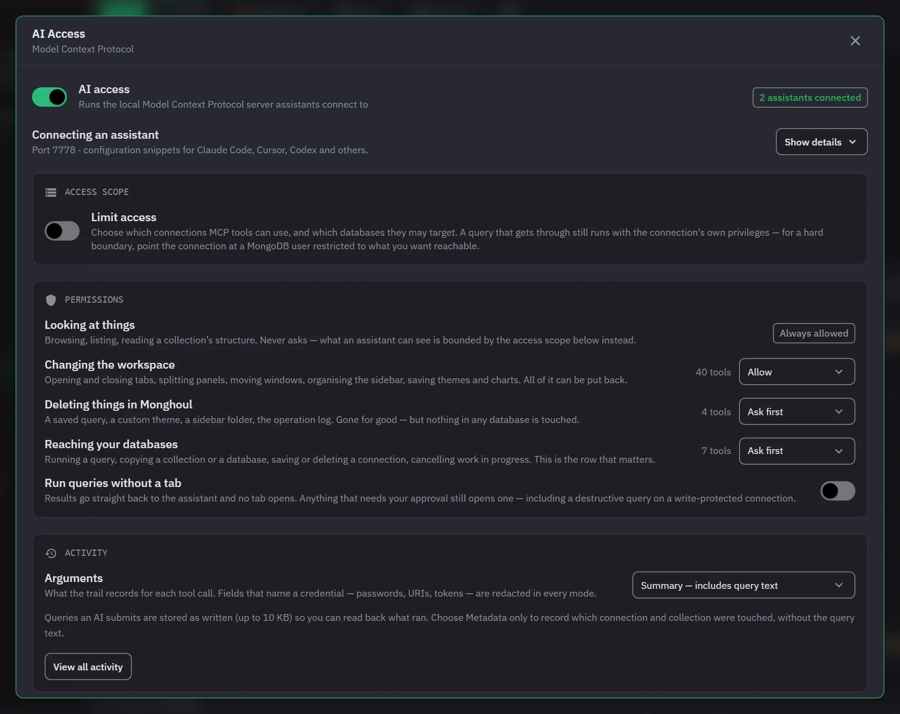 The AI access panel showing the tool permission list and the approval setting