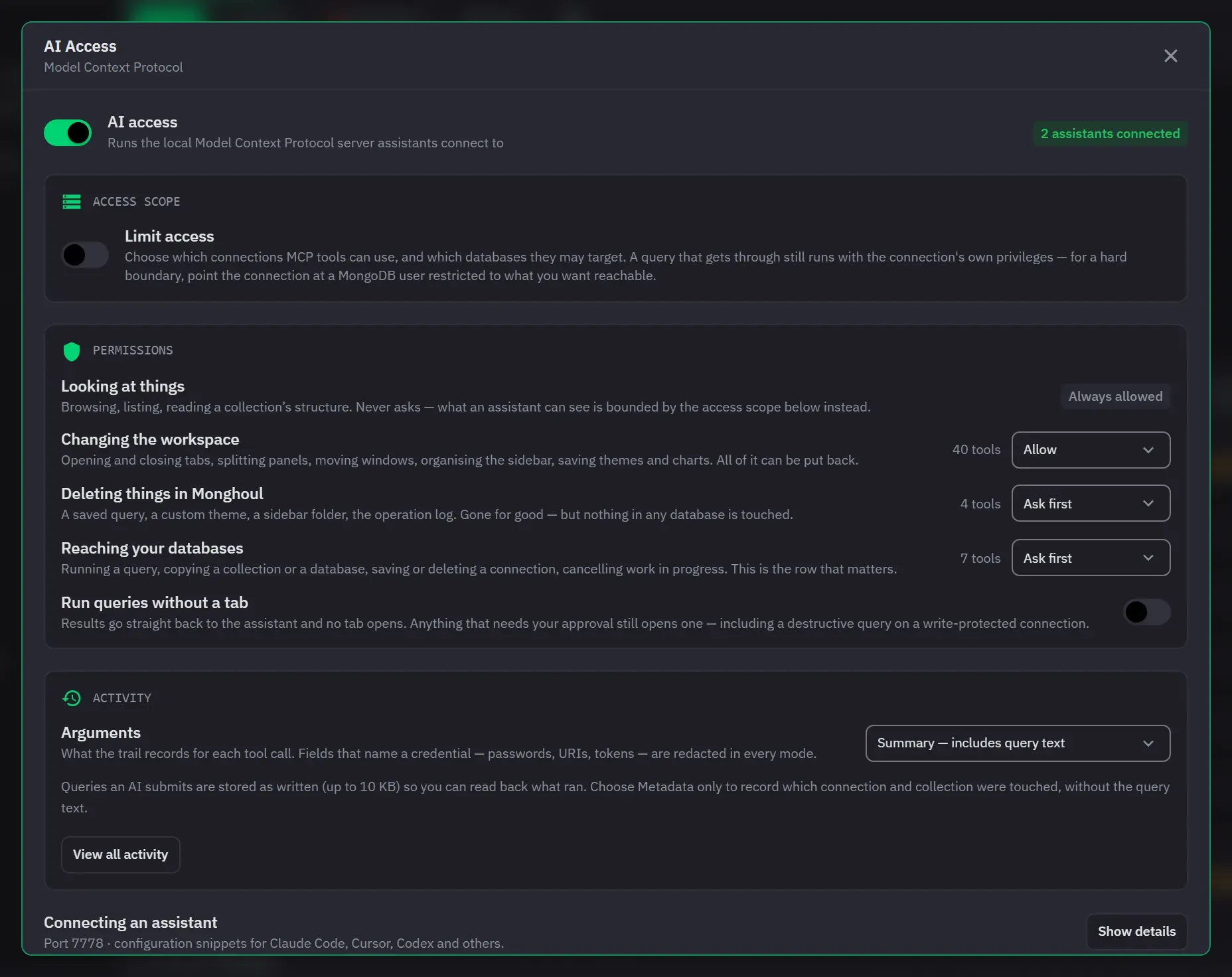 The AI access panel showing the tool permission list and the approval setting