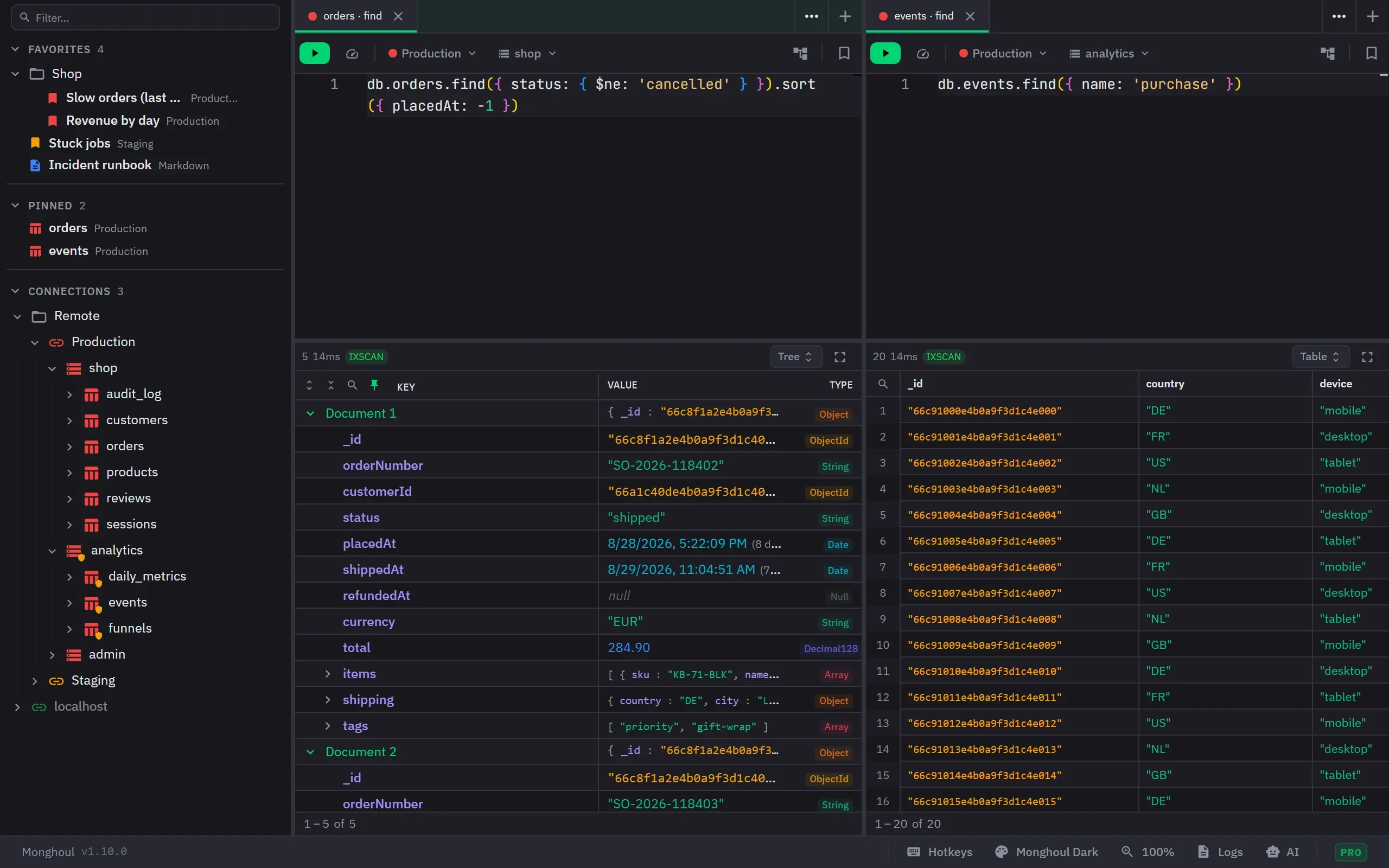 The workspace split into two panels, each running its own query